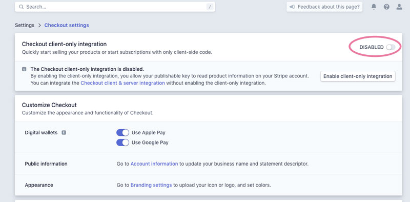 Stripe enable Checkout